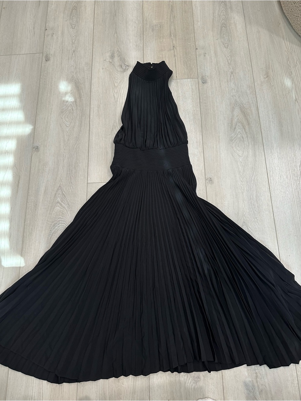 A.L.C. Black Pleated Halter Midi Maxi Dress Smocked Waist Size 8